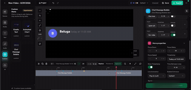 Editing a Beluga-style chat thread: sender, message text, pause zones, and bubble animation in the inspector