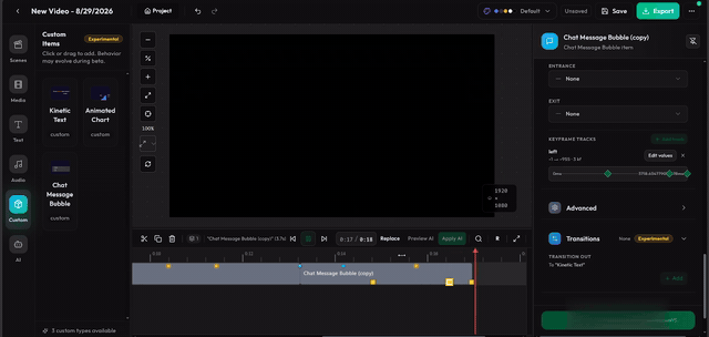 Editor recording: custom items sidebar, multi-track timeline, and inspector in videofast.studio