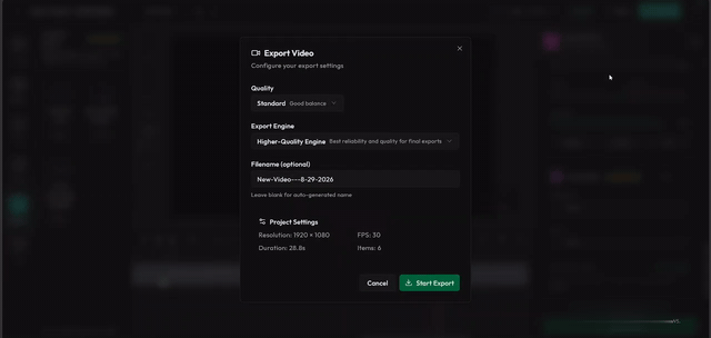 Export Video dialog: quality engine, 1920x1080, 30 FPS, Start Export button
